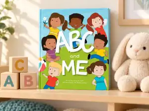 Personalised ABC and ME alphabet picture book standing on a wooden shelf beside alphabet blocks and a soft bunny