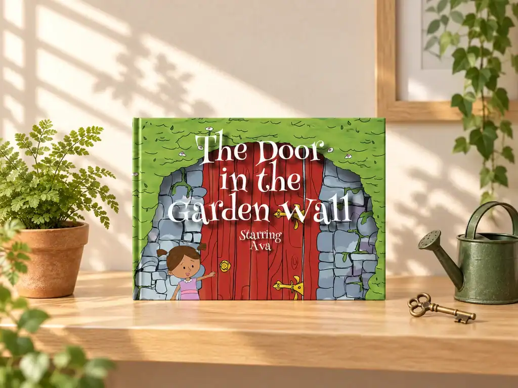 Personalised The Door in the Garden Wall children's book starring Ava on a wooden shelf with a fern, watering can and old key
