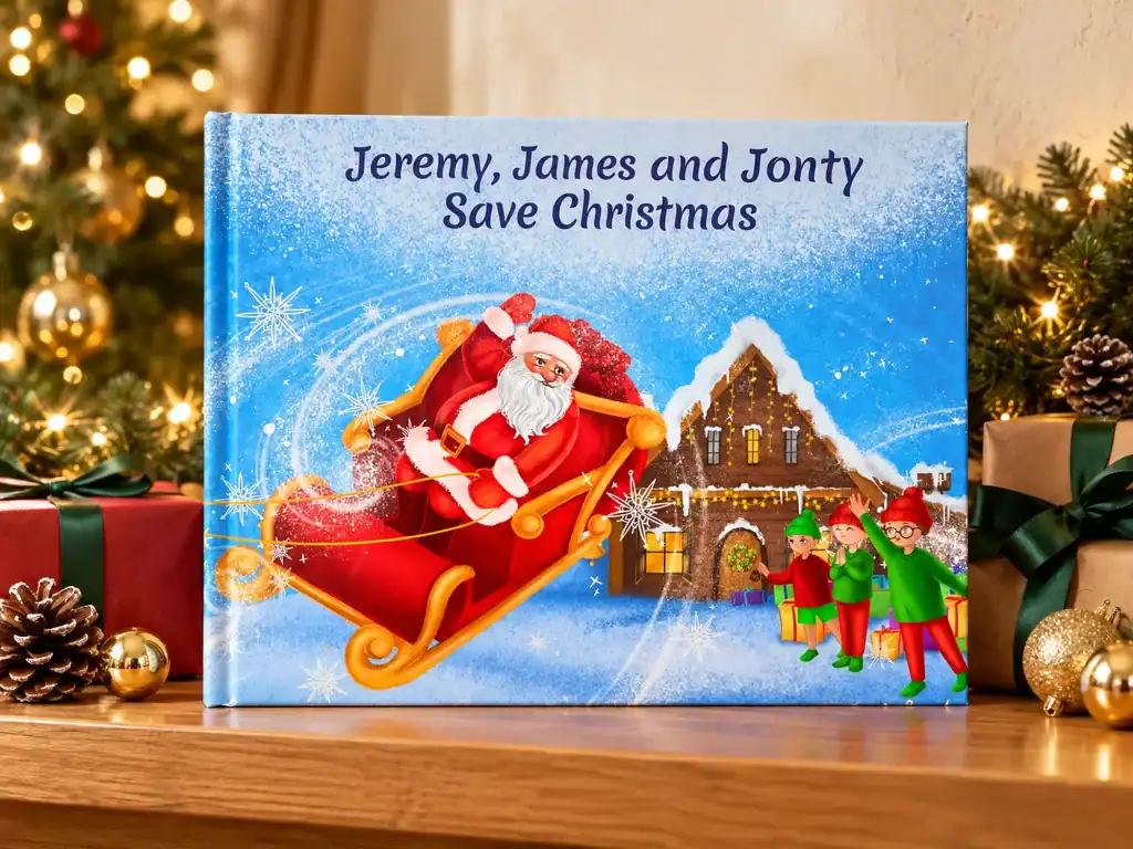 Personalised Christmas storybook Let's Save Christmas showing Santa's sleigh and a gingerbread house, displayed on a shelf with Christmas tree lights and presents