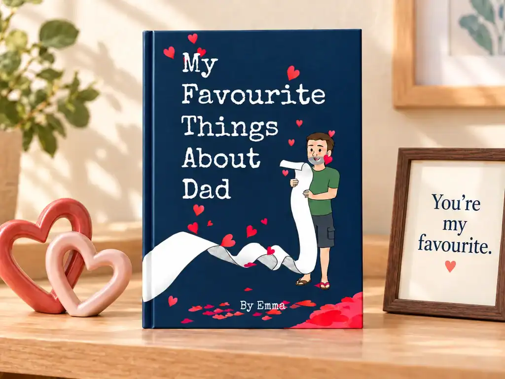 Navy personalised My Favourite Things About Dad book beside a framed print reading You're my favourite and two pink hearts