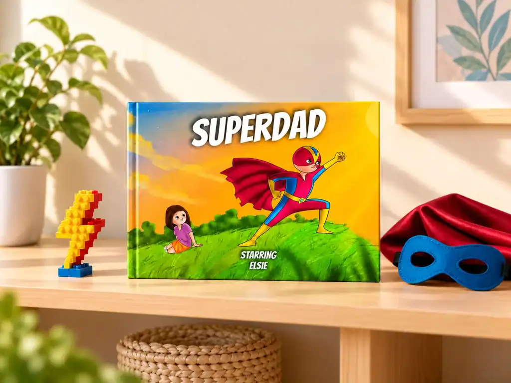 Personalised My Superhero picture book with a Superdad cover starring Elsie, on a wooden shelf with a lightning bolt brick and a superhero mask