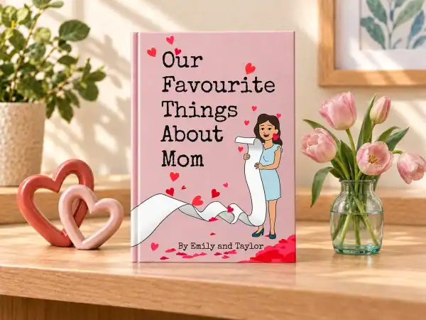 Pink personalised Our Favourite Things About Mom book on a shelf beside pink tulips in a glass vase