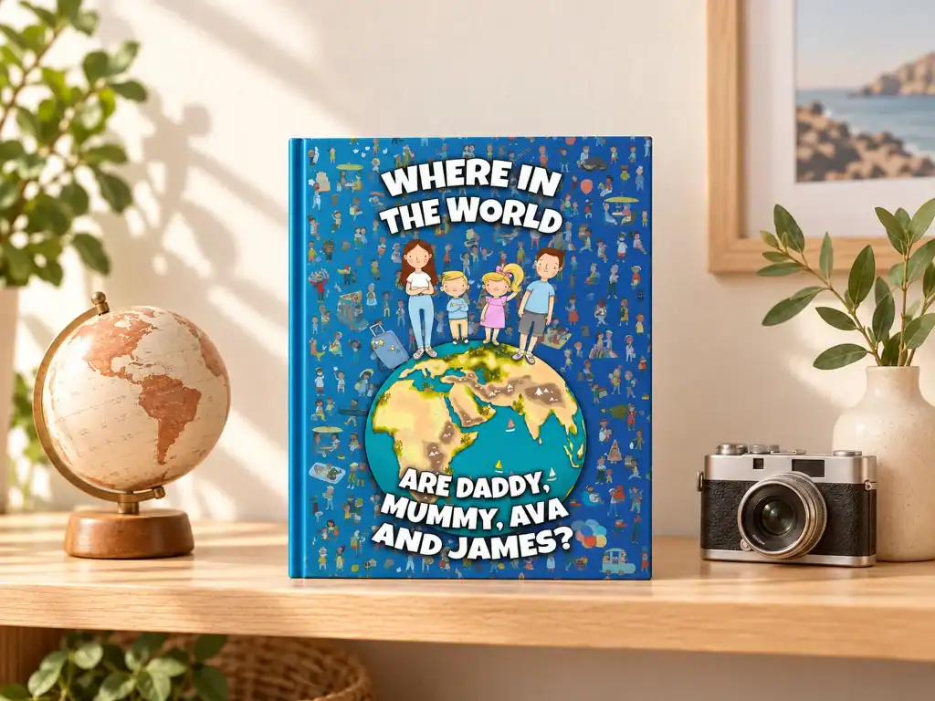 Personalised Where in the World Are Daddy, Mummy, Ava and James picture book on a shelf with a vintage globe and camera
