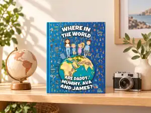 Personalised Where in the World Are Daddy, Mummy, Ava and James picture book on a shelf with a vintage globe and camera